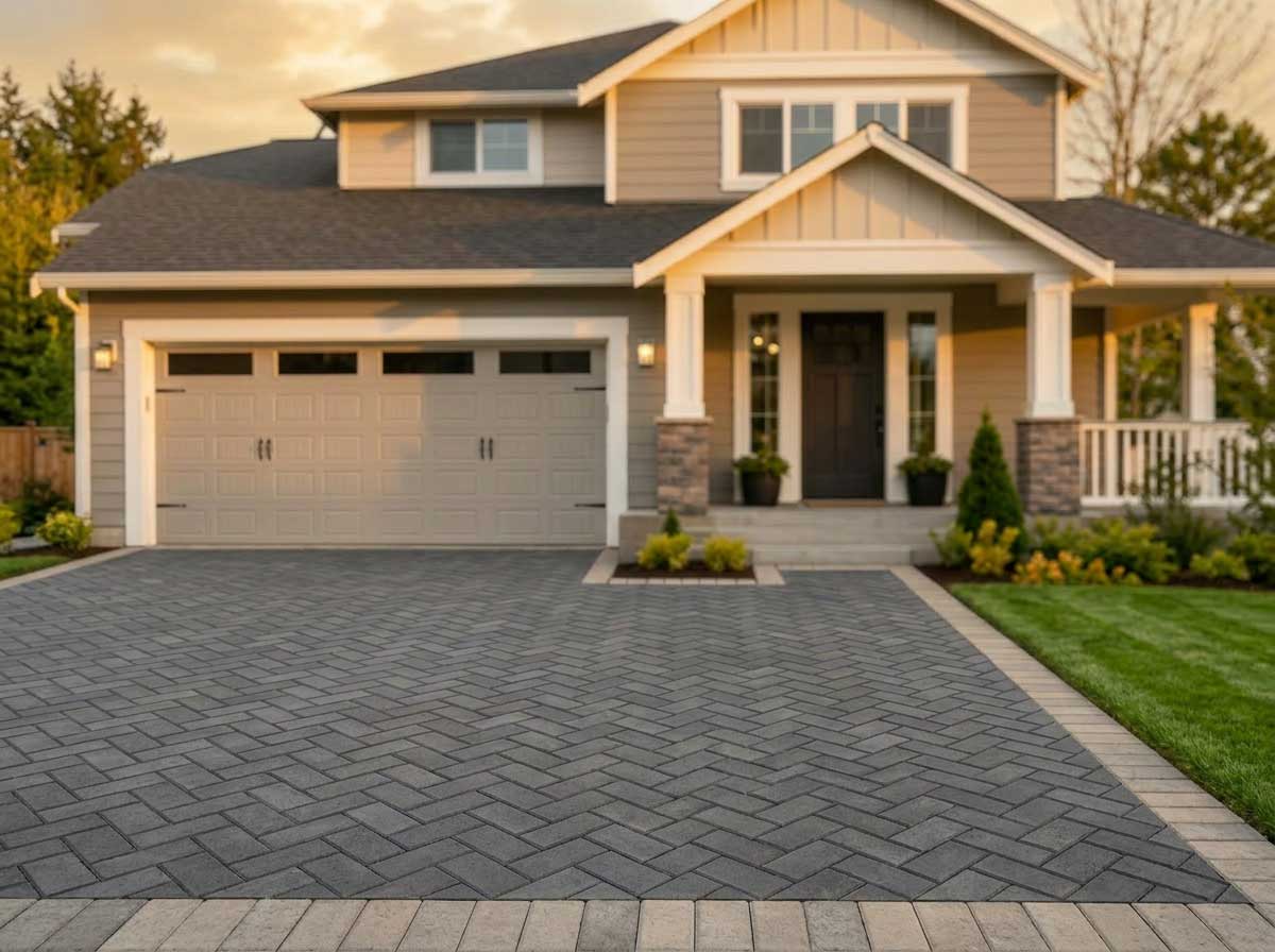 A finished AI render of a driveway with new interlock